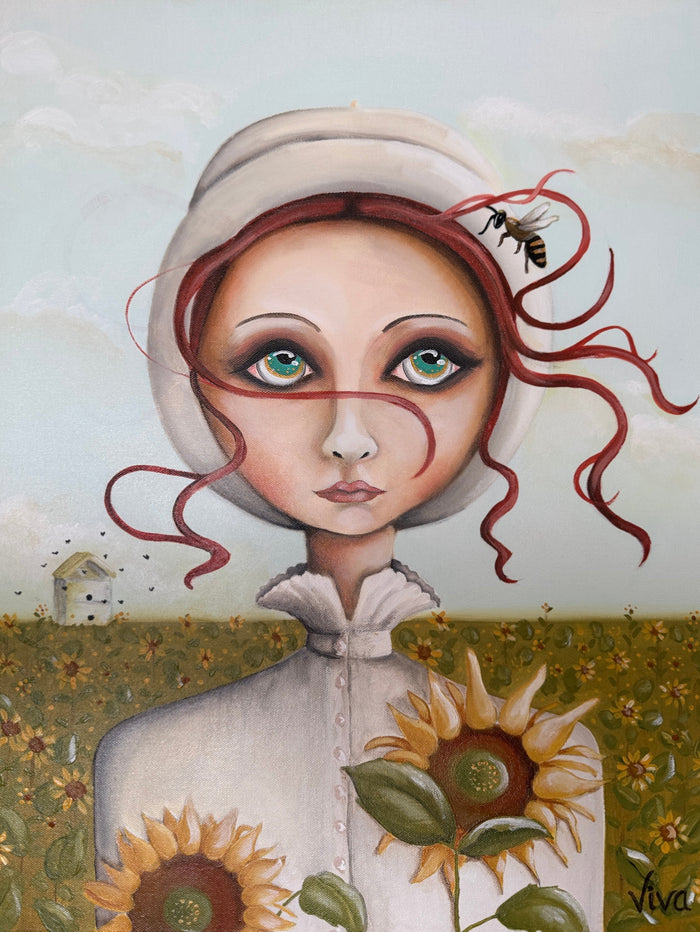 Artistic depiction of a woman with sunflowers and a bee in her hair, set against a landscape.