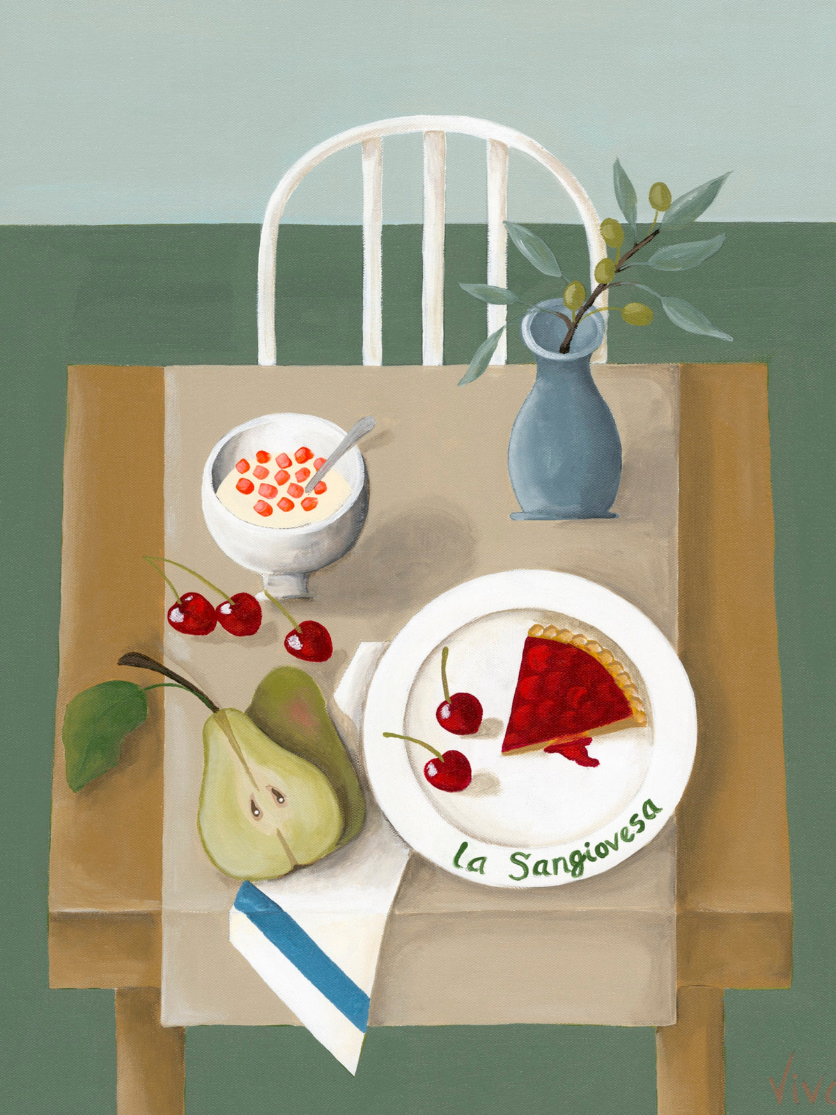 Table setting with a plate of food, a bowl, a vase with a plant, and a glass of red wine on a wooden table.
