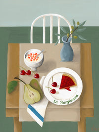Table setting with a plate of food, a bowl, a vase with a plant, and a glass of red wine on a wooden table.