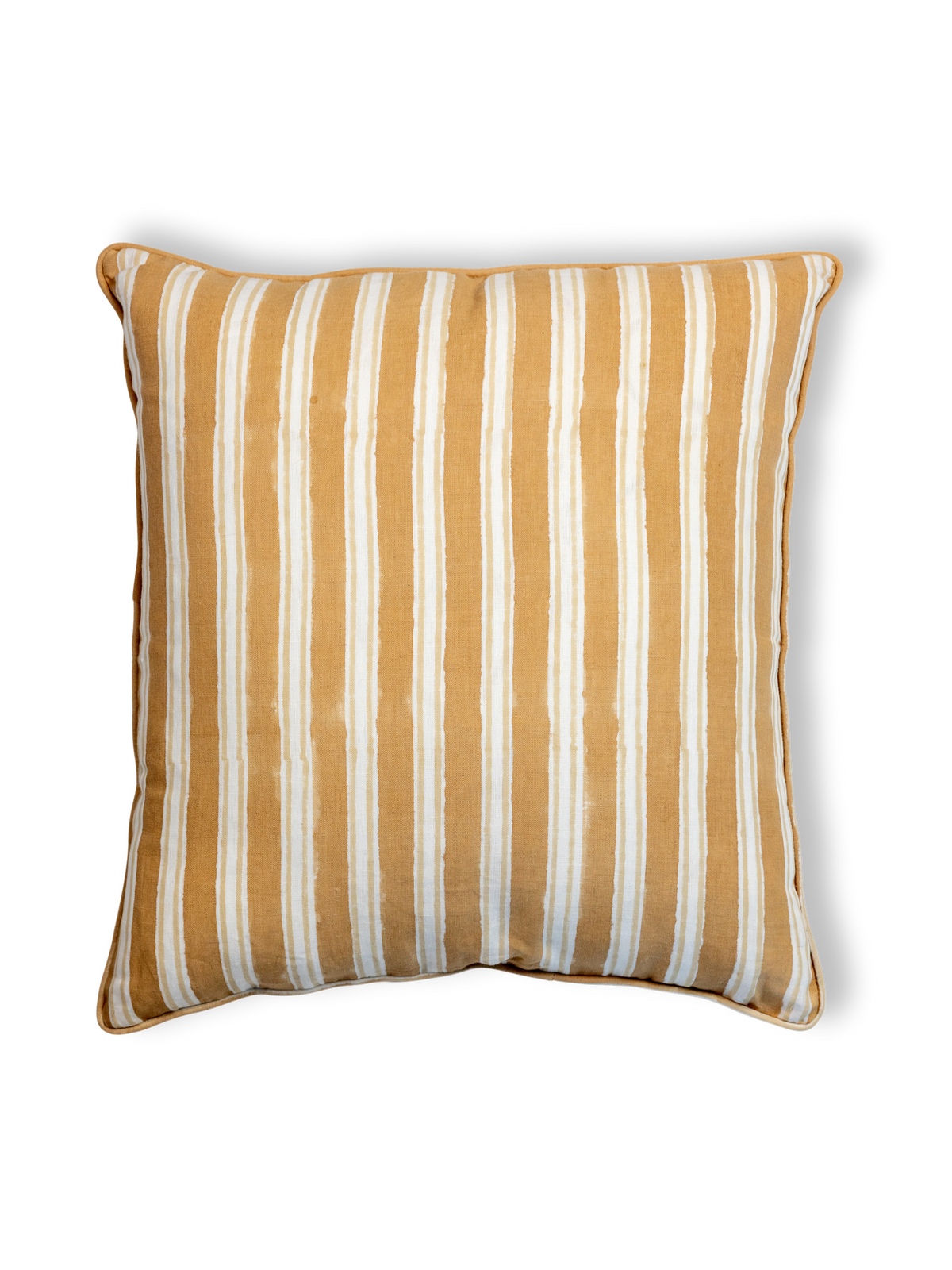 Striped pillow with yellow and white stripes on a white background