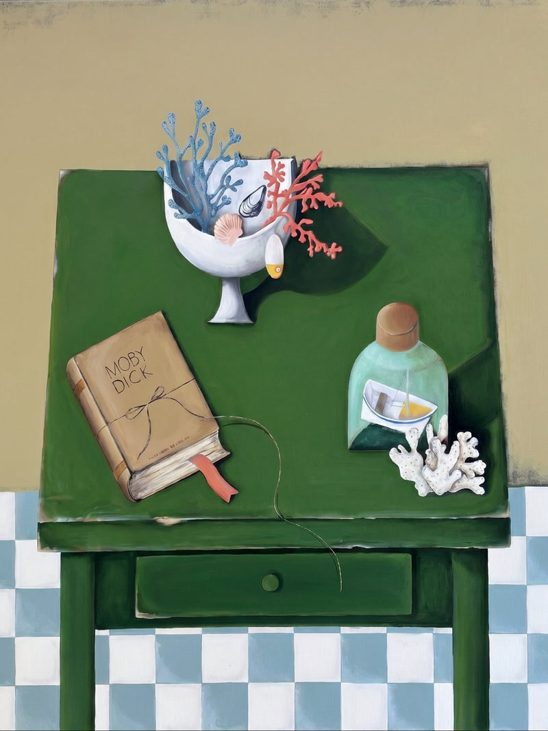 Artistic depiction of a green table with decorative items on a checkered floor.