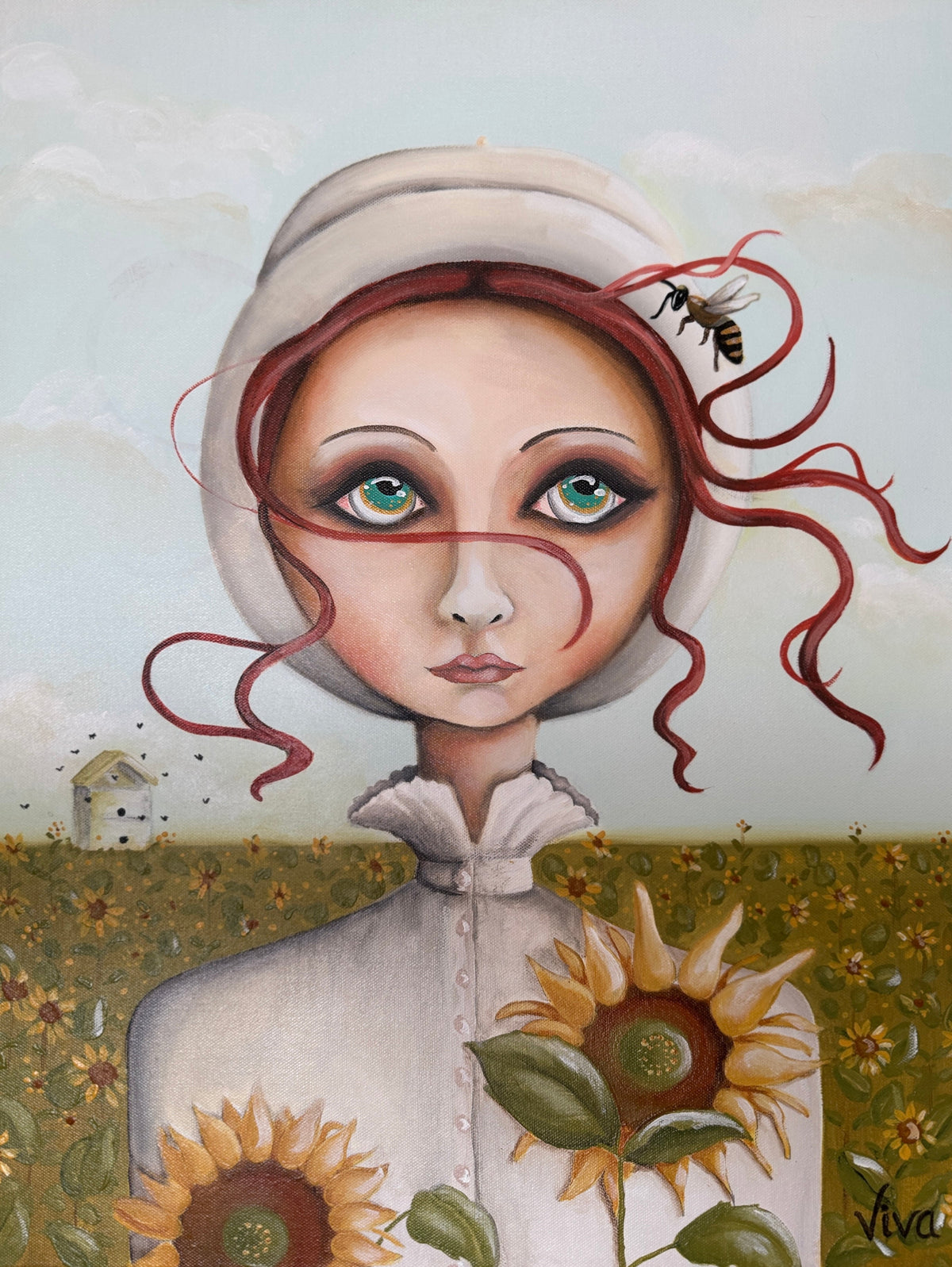 Artistic depiction of a woman with sunflowers and a bee in her hair, set against a landscape.