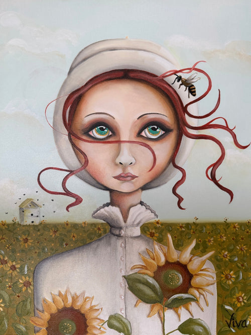 Artistic depiction of a woman with sunflowers and a bee in her hair, set against a landscape.