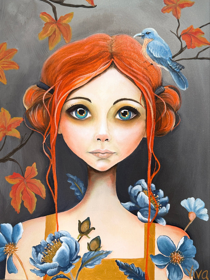 Artistic illustration of a woman with red hair and blue flowers, with a bird perched on her head.