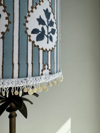 blue and white striped lampshade