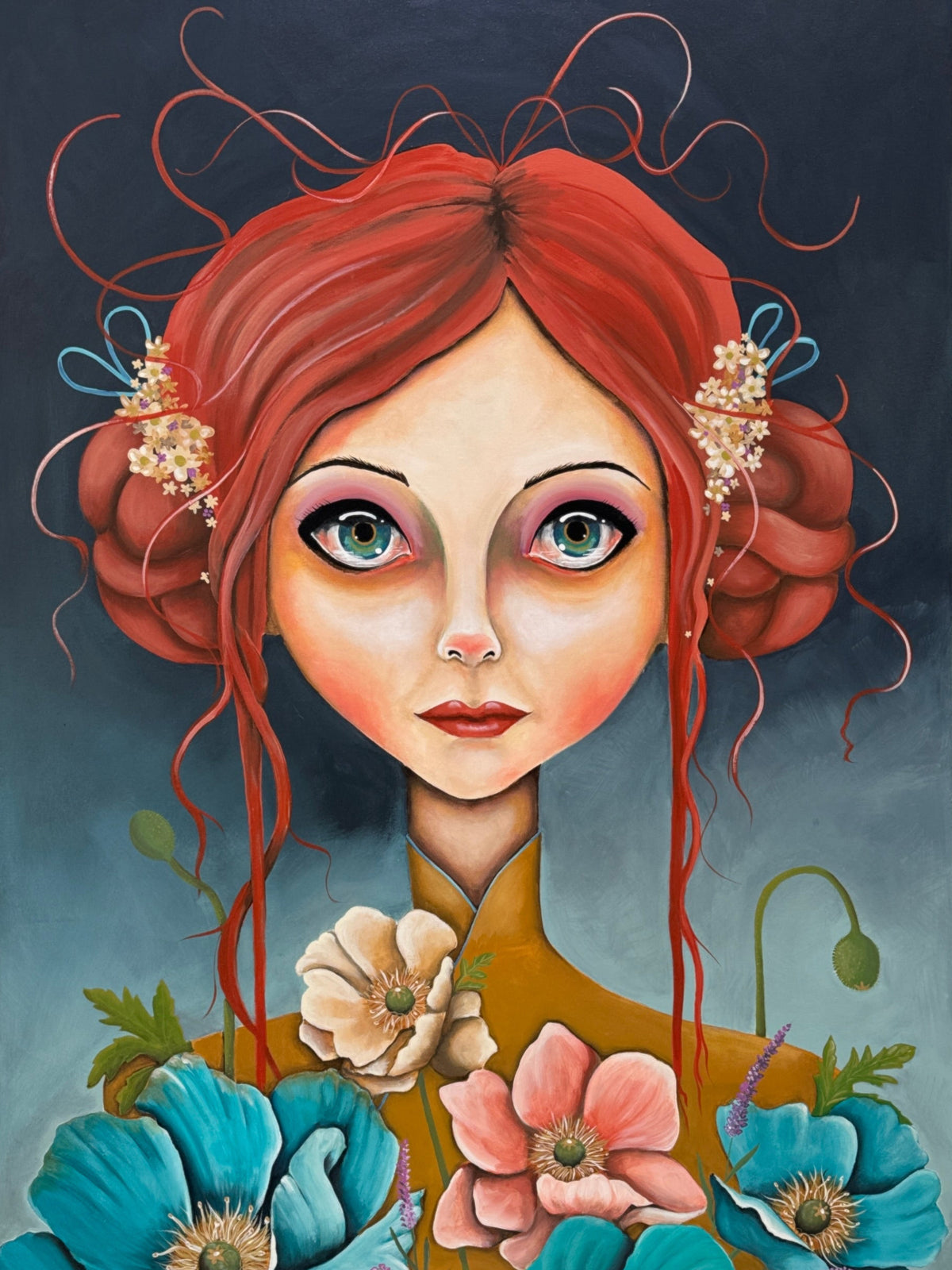 Painting of a woman with red hair and flowers on an easel in a room.