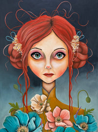 Painting of a woman with red hair and flowers on an easel in a room.