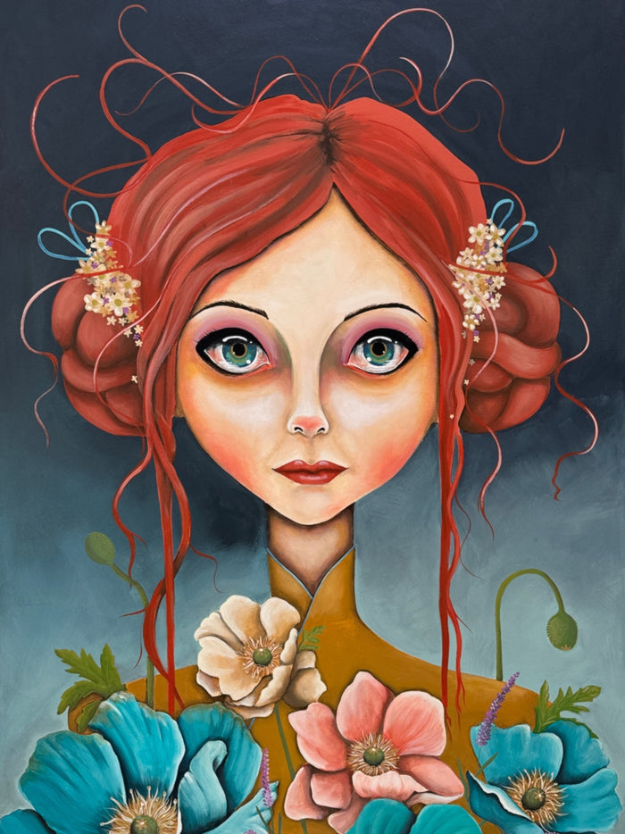 Painting of a woman with red hair and flowers on an easel in a room.