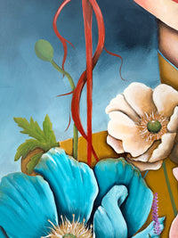 Close-up of a painting with blue and beige flowers on a blue background