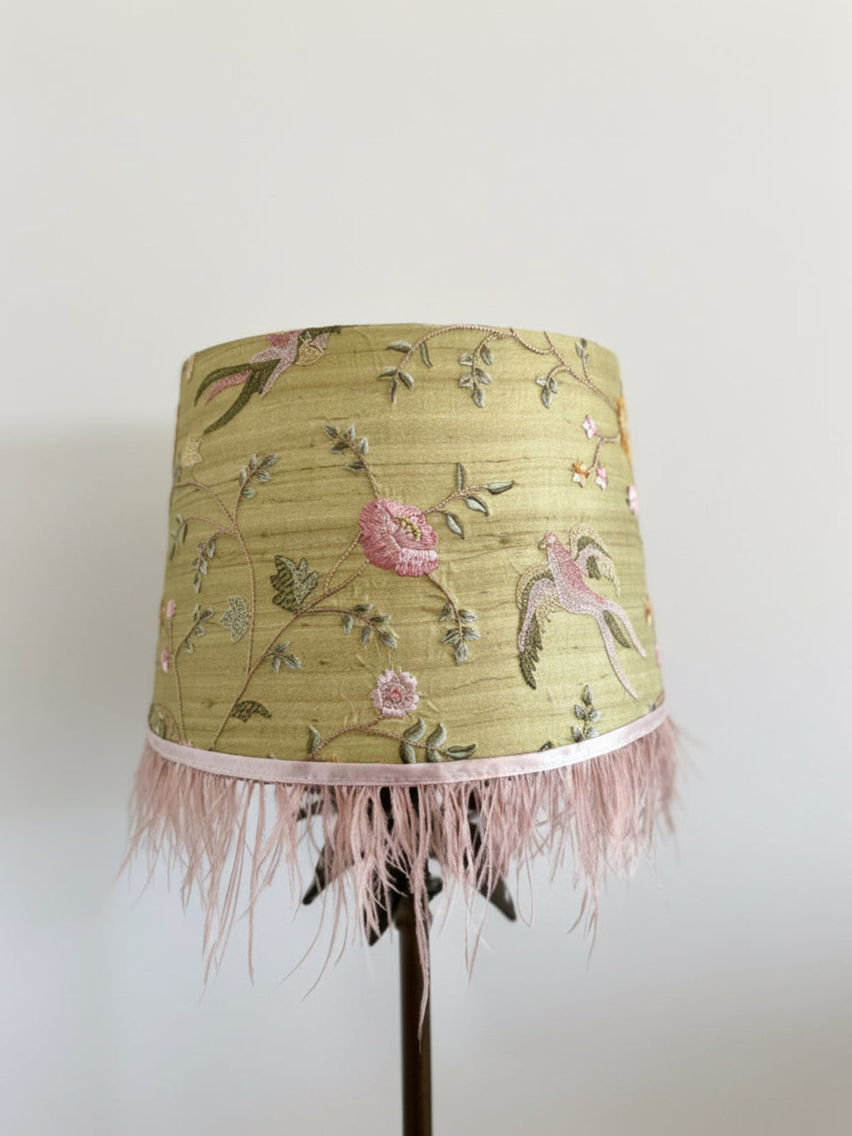 Decorative lampshade with floral and bird pattern on a white background