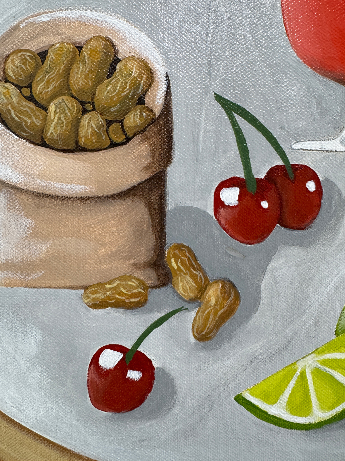 Illustration of a bowl of pickles with cherries and a lime wedge on a gray background