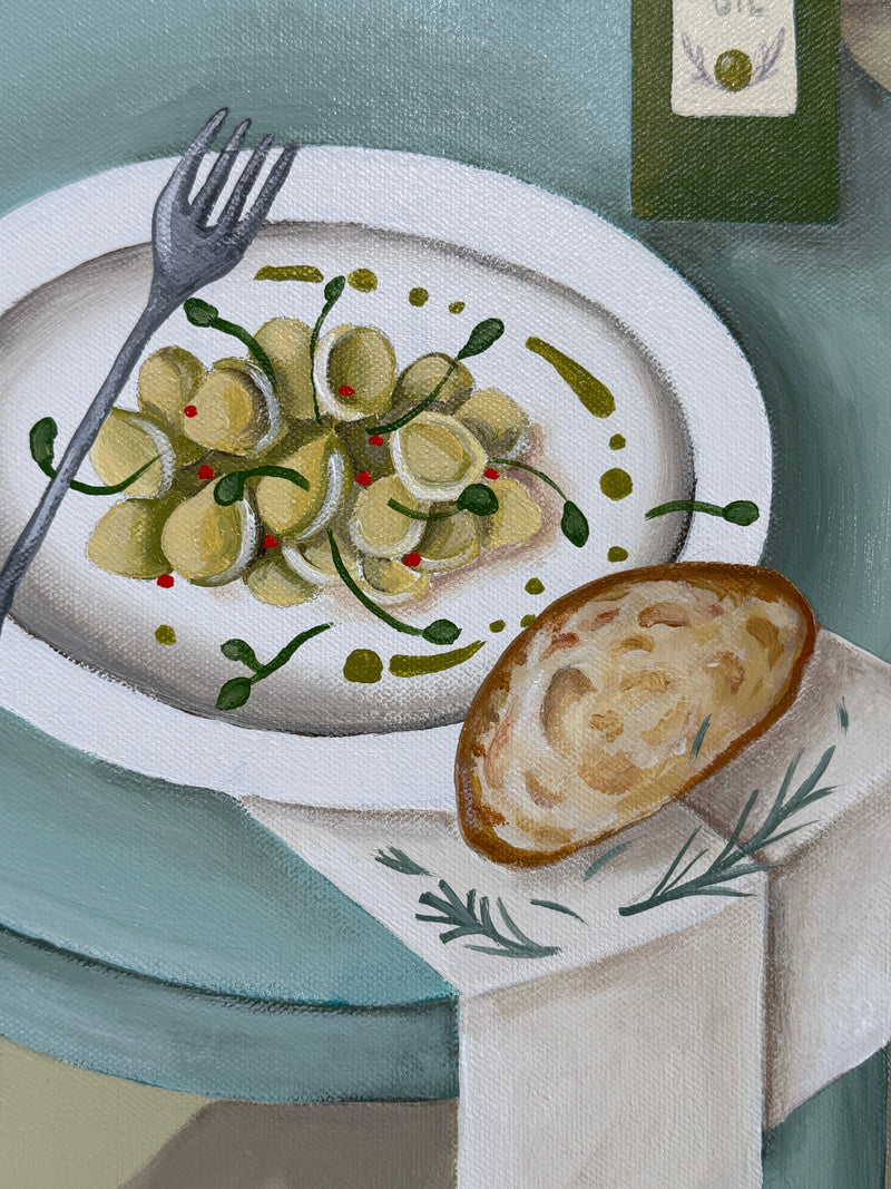 Illustration of a plate with pasta, bread, and a fork on a textured surface.