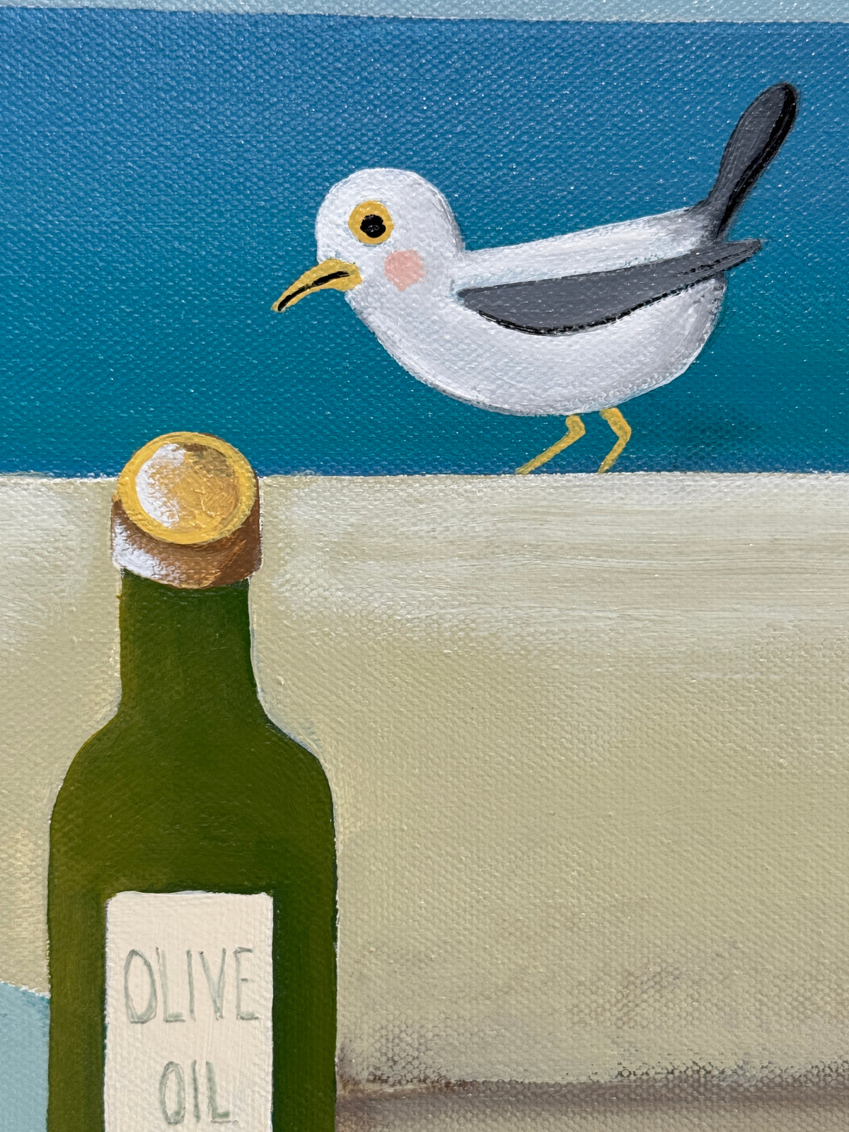 Illustration of a seagull perched on an olive oil bottle with a label.