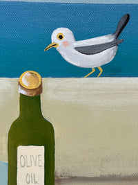 Illustration of a seagull perched on an olive oil bottle with a label.