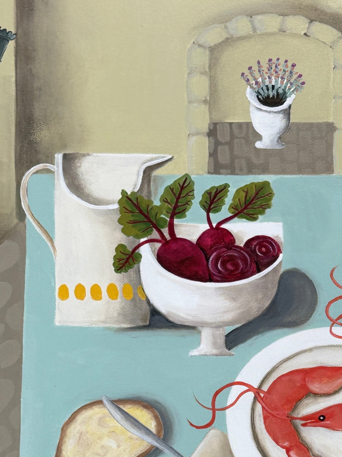 Framed artwork of a still life scene with a table, food, and plants on a white wall.