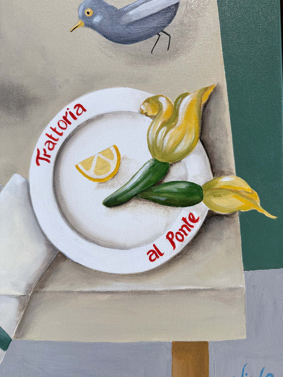 Decorative towel with a plate design featuring vegetables and a bird, branded 'Trattoria al Ponte'.
