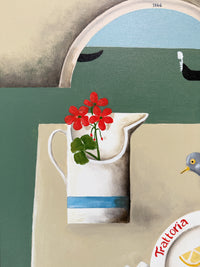 Still life with a white pitcher holding red flowers, a bird, and a plate with lemon slices on a green background.