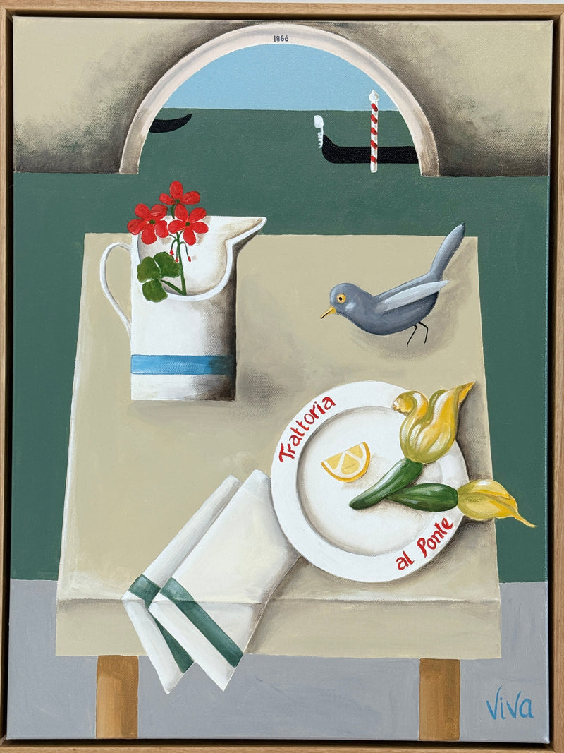 Still life painting with a pitcher, plate, bird, and flowers on a table.
