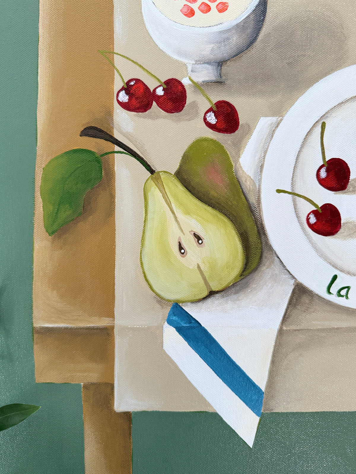 Still life painting of pears, cherries, and a bowl on a table with a green background.