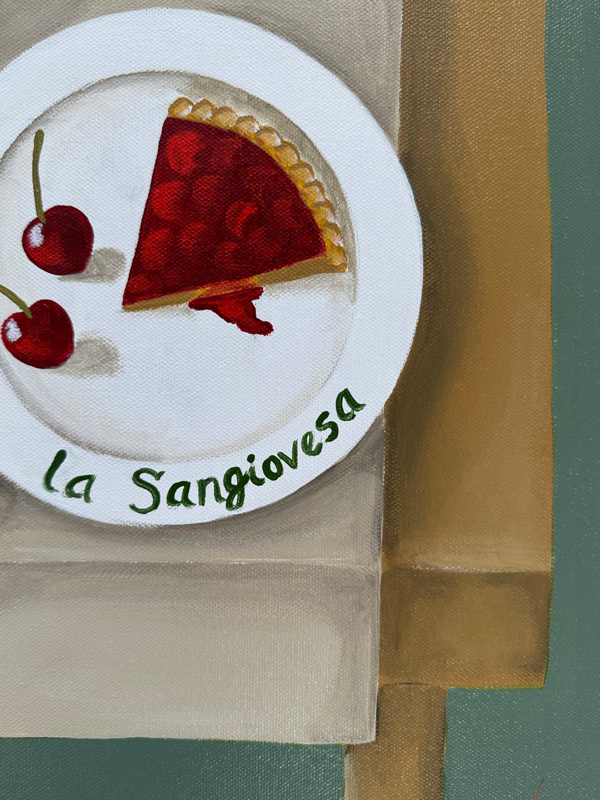 Decorative plate with a slice of red pie and cherries on a white background