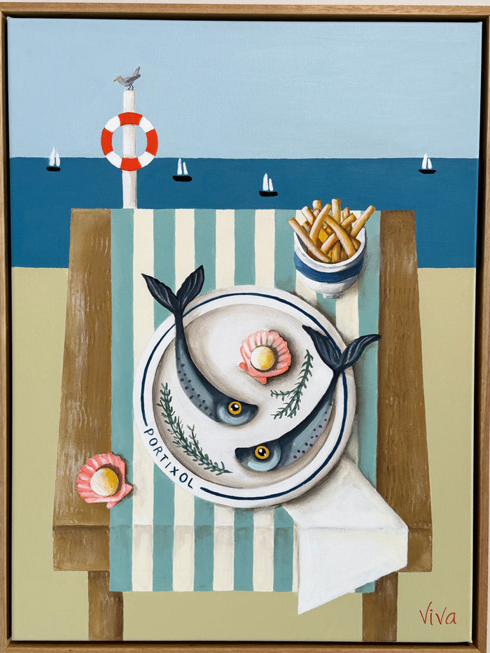Framed artwork of a fish dish with a beach scene in the background