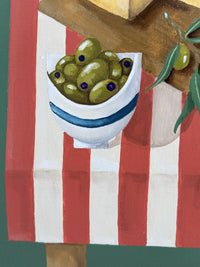 Illustration of a bowl of olives on a red and white striped background