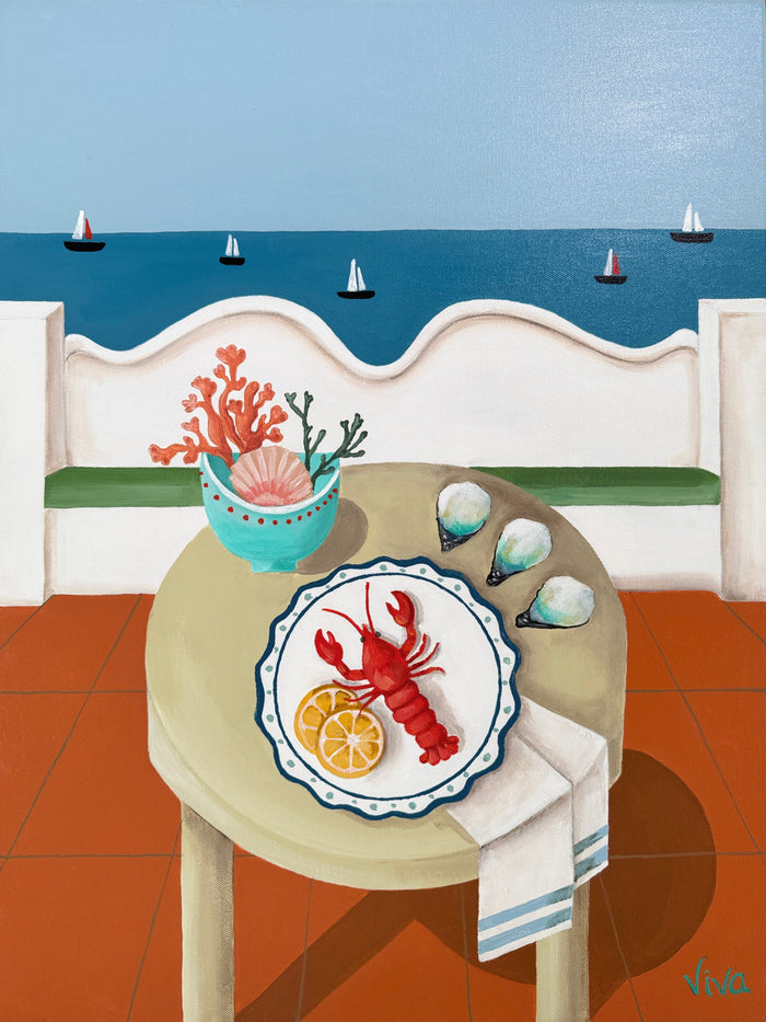 Artistic depiction of a table setting with a lobster on a plate, surrounded by ocean and boats in the background.