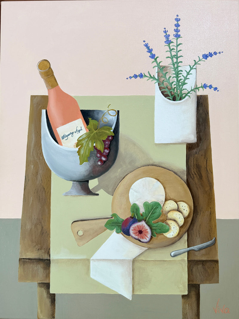 Framed artwork of a still life with a bottle, fruit, and flowers on a table.