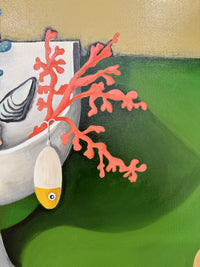 Illustration of a fishing lure with coral and a shell on a green background