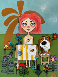 Artistic depiction of a woman with red hair and a dog in a garden setting.