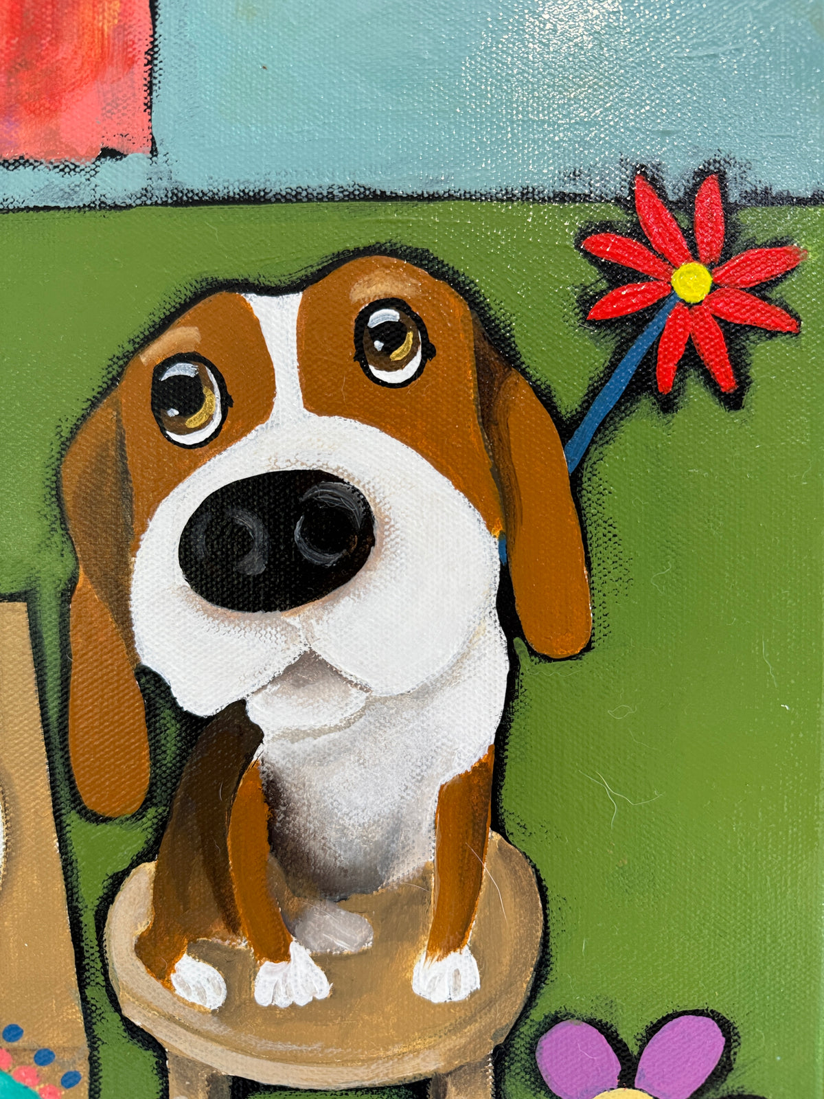 Painting of a dog holding a red flower with a colorful background