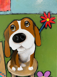 Painting of a dog holding a red flower with a colorful background