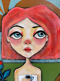 Artistic depiction of a person with red hair and blue eyes, wearing a shirt with a cat design.