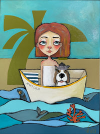 Artistic depiction of a woman with a dog in a boat on water with a palm tree in the background.