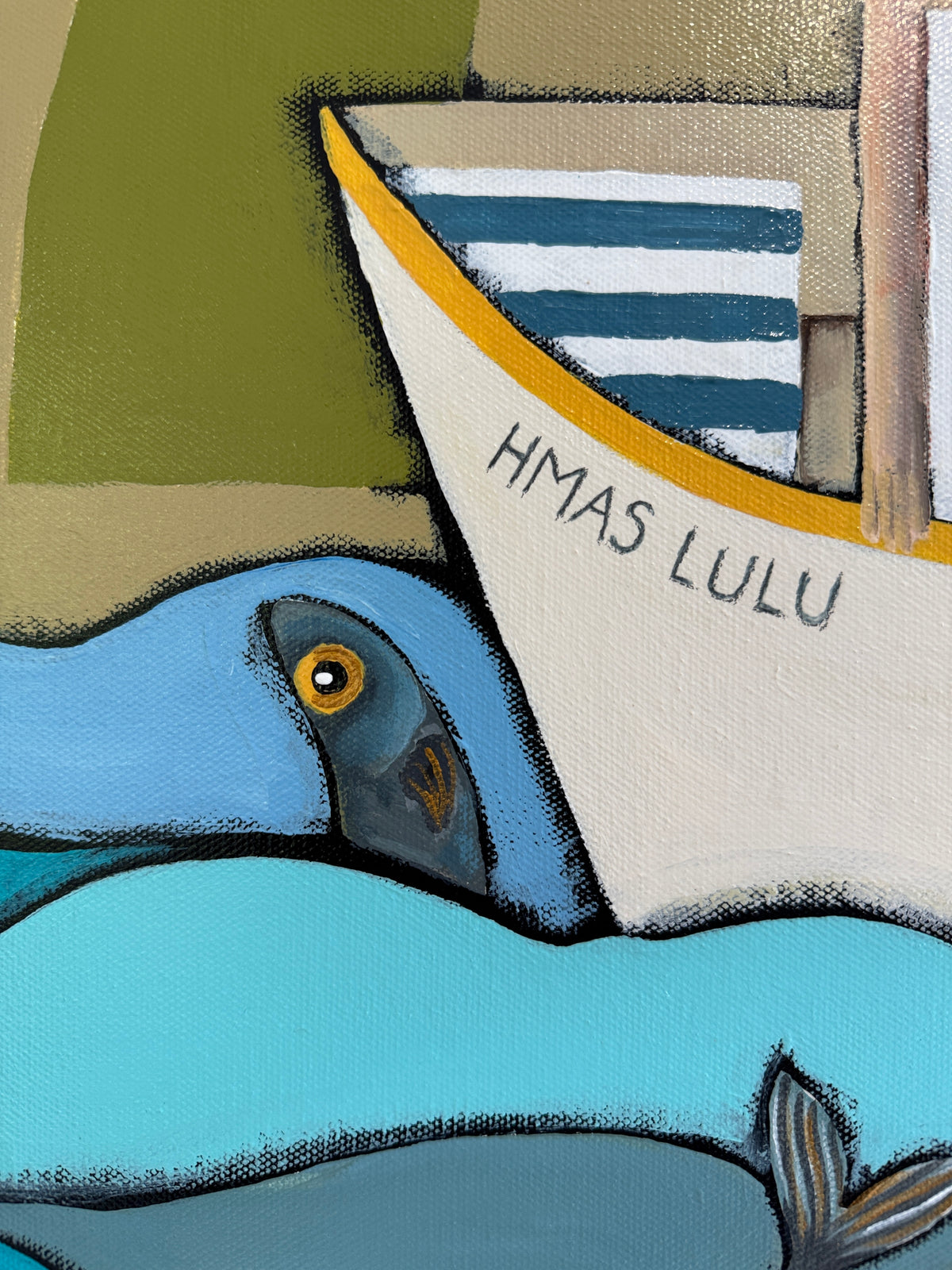 Illustration of a blue bird with a striped boat labeled 'HMAS Lulu' on a textured background