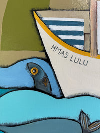 Illustration of a blue bird with a striped boat labeled 'HMAS Lulu' on a textured background