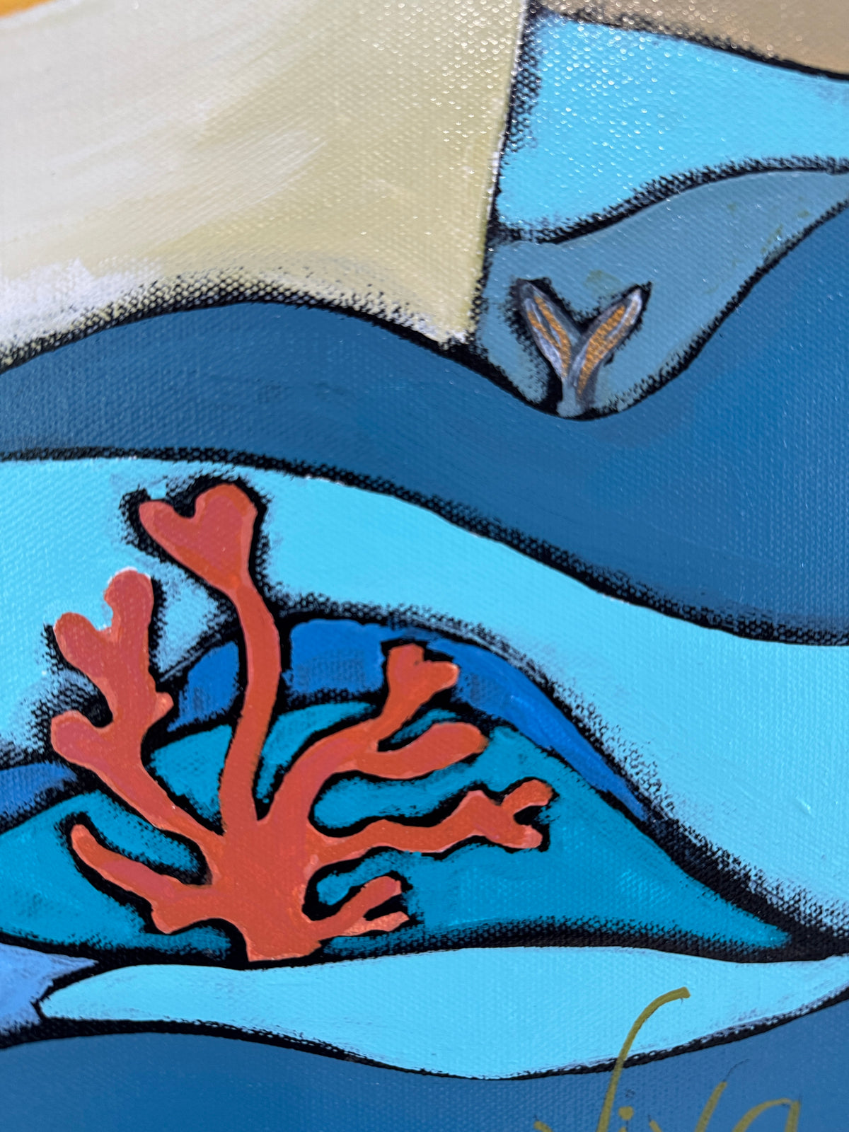 Artistic depiction of a whale with coral in wavy blue and beige water.