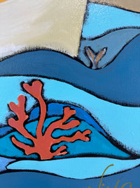 Artistic depiction of a whale with coral in wavy blue and beige water.
