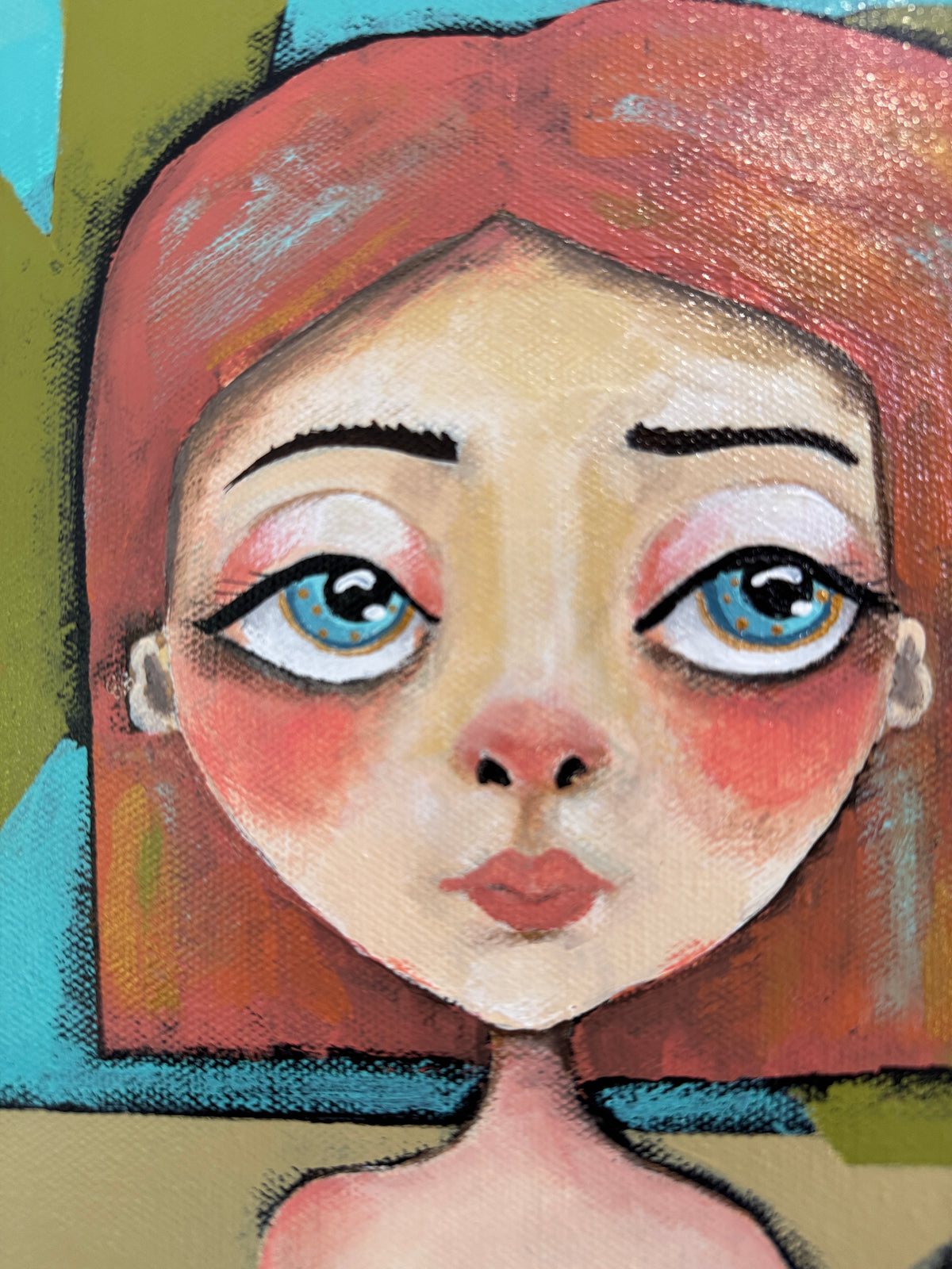 Artistic depiction of a person with red hair and blue eyes against a colorful background