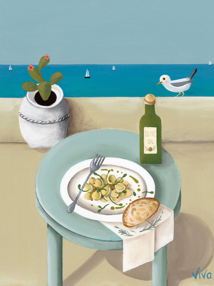 Table setting with a plate of food, bottle, and cactus by the sea