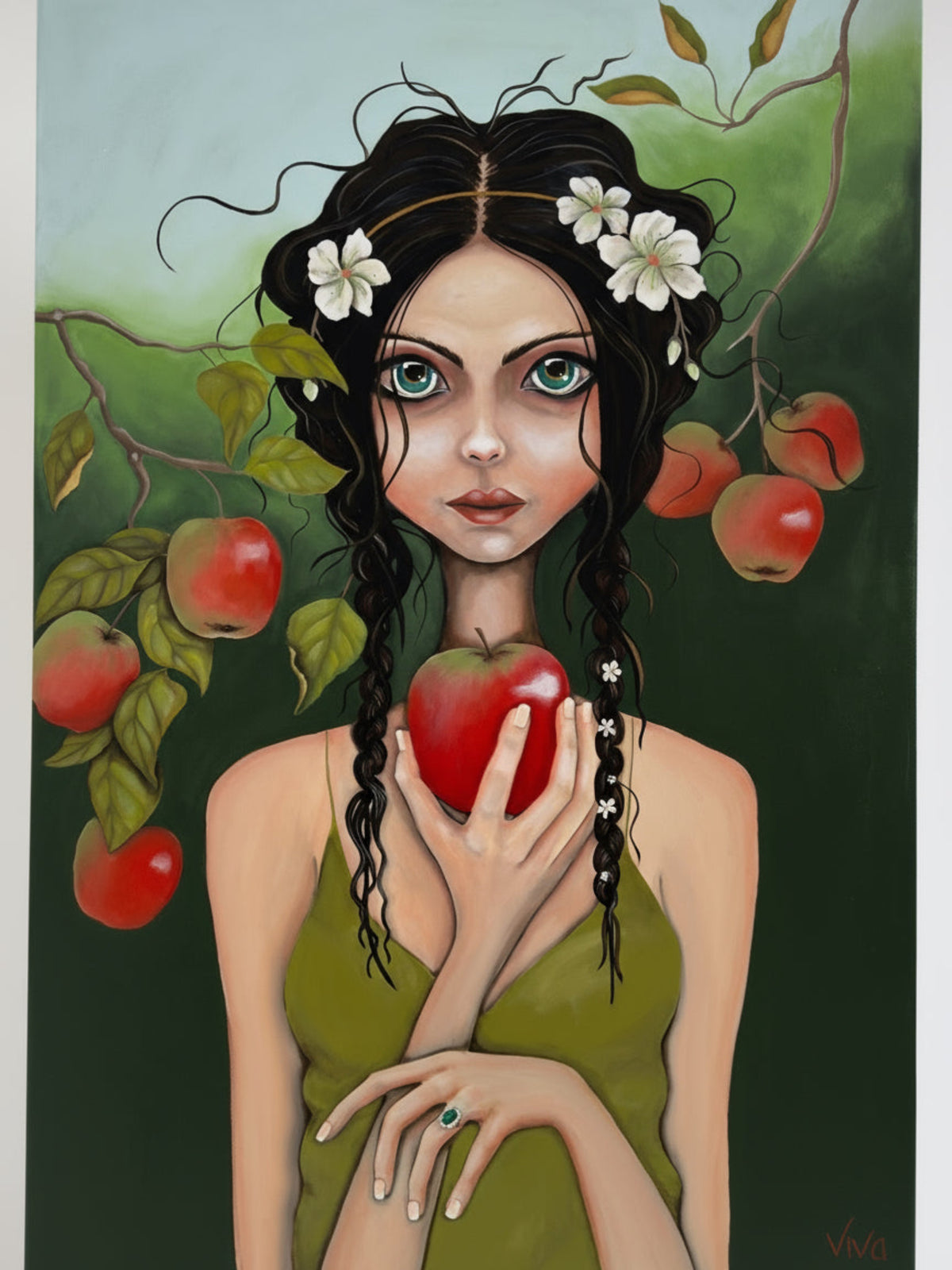 Artistic depiction of a woman holding an apple with a garden background