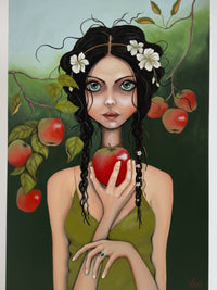 Artistic depiction of a woman holding an apple with a garden background
