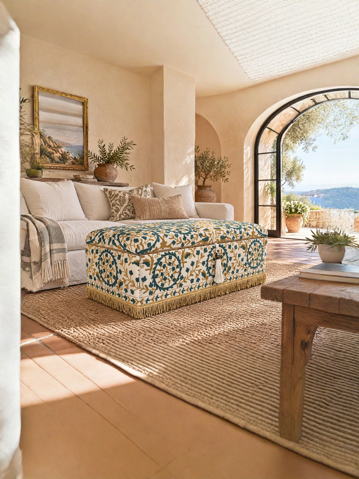 A styled living room interior featuring a decorative storage ottoman with a blue, green, and cream floral pattern and gold fringe, positioned on a large woven jute rug in front of a cream-colored sofa.