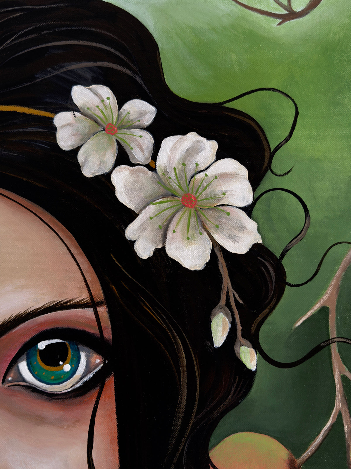 Artistic illustration of a woman's face with flowers in her hair and a detailed eye.