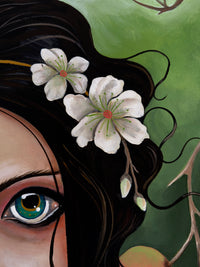 Artistic illustration of a woman's face with flowers in her hair and a detailed eye.