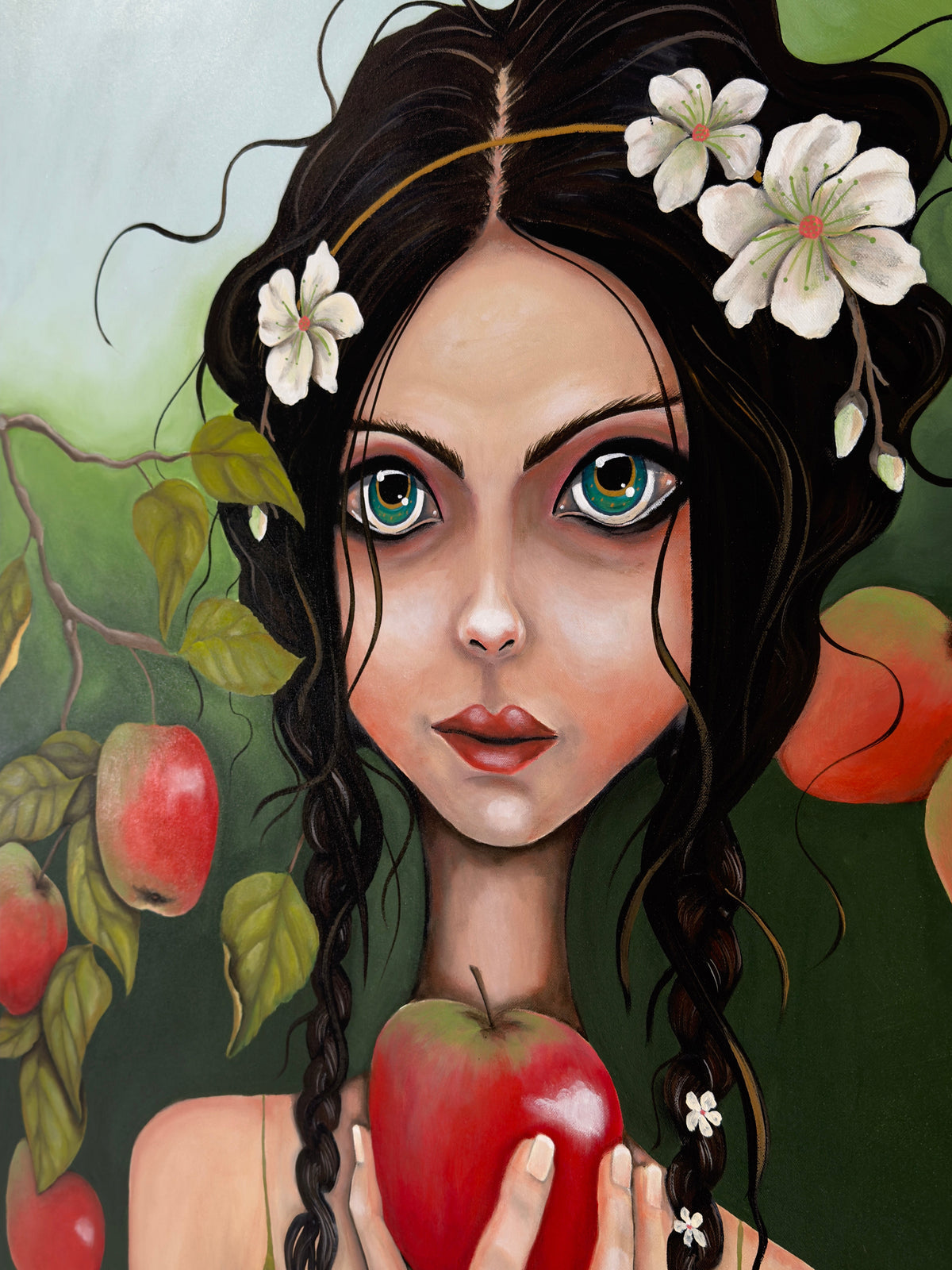 Illustration of a girl with flowers in her hair holding an apple, surrounded by apples and leaves.