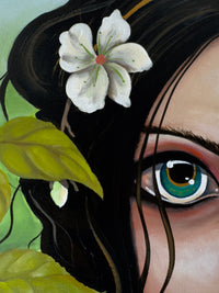 Close-up of a butterfly with a flower on its wing and a person's eye in the background.